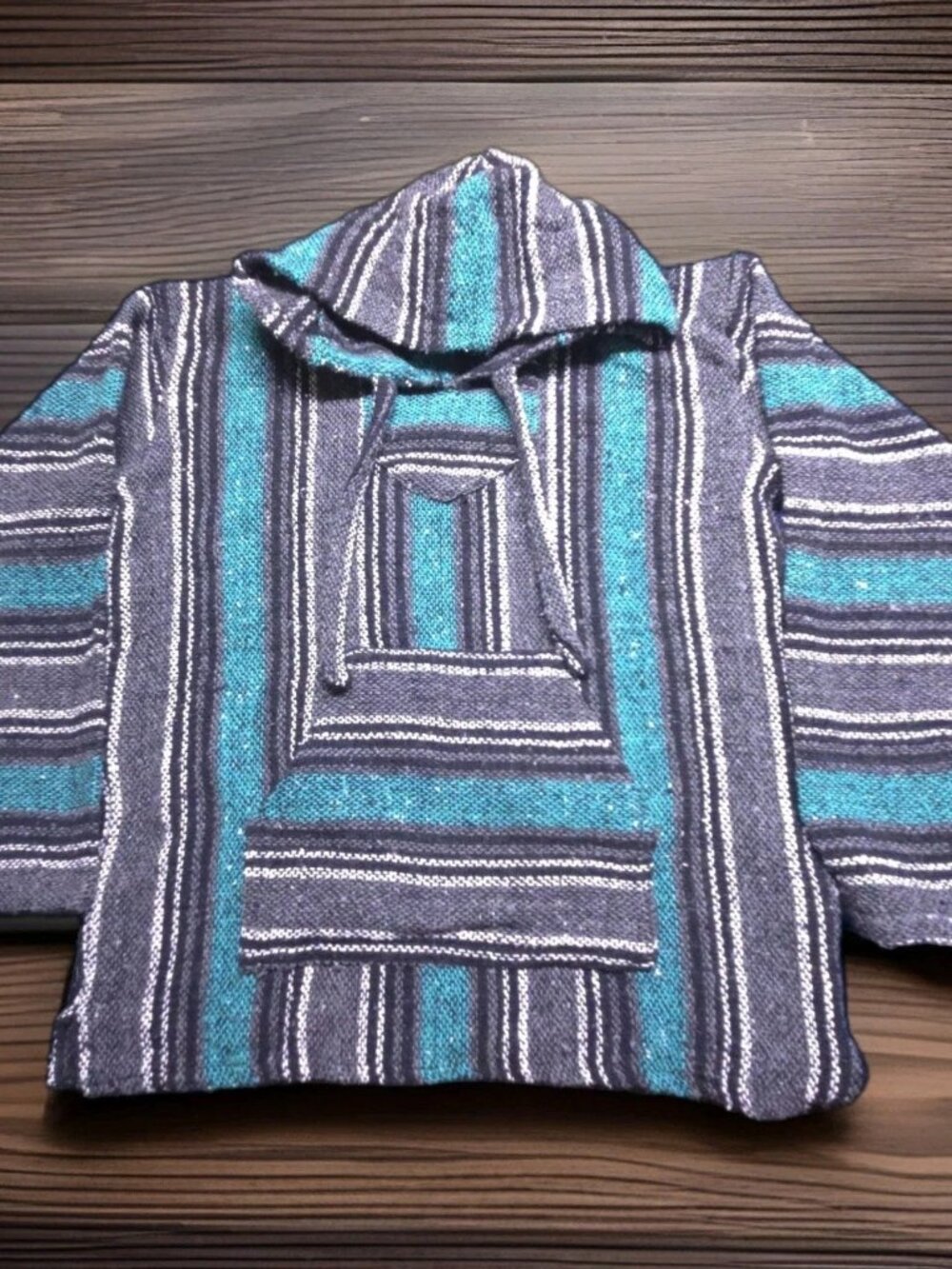 VTG Delmex Mexican Baja Hoodie M Black Gray Teal Striped Drug Rug Pullover